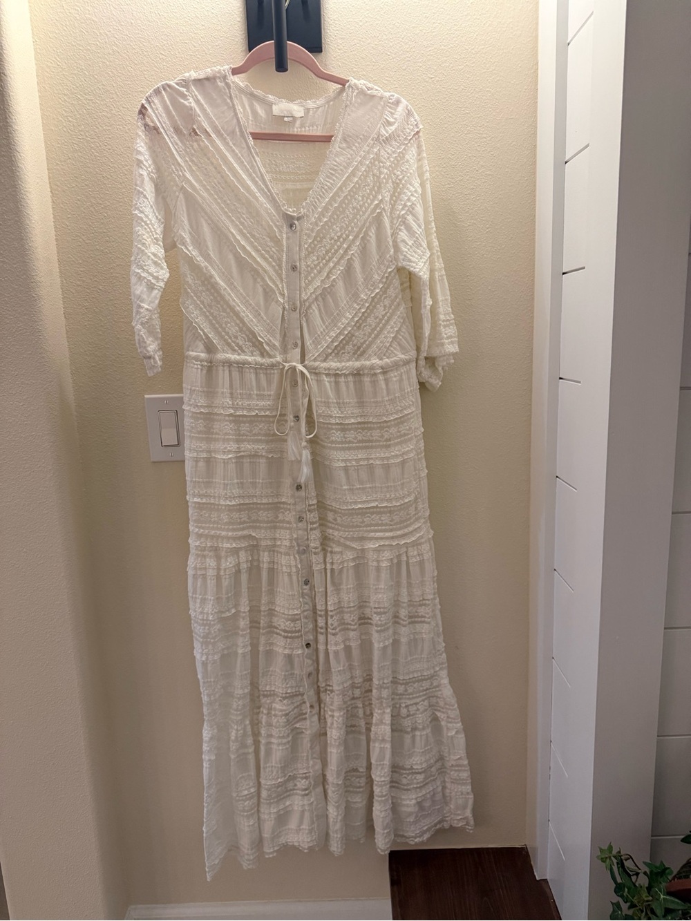 Anthropologie A Collective Story Cream Button-Front Maxi Dress Tie Waist